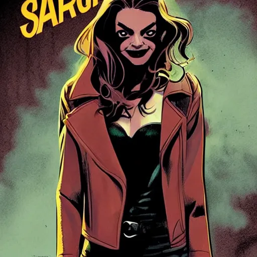 Image similar to in the style of Rafael Albuquerque comic art, Samara Weaving vampire, sharp teeth grin, sarcastic, brown leather jacket