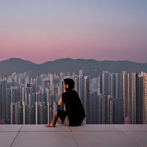 Image similar to a small rooftop with a couple of people sitting and watching the view, wearing black modern clothes, designed by rick owens, messy short hair, modern hong kong is on the background, sunset, by gregory crewdson