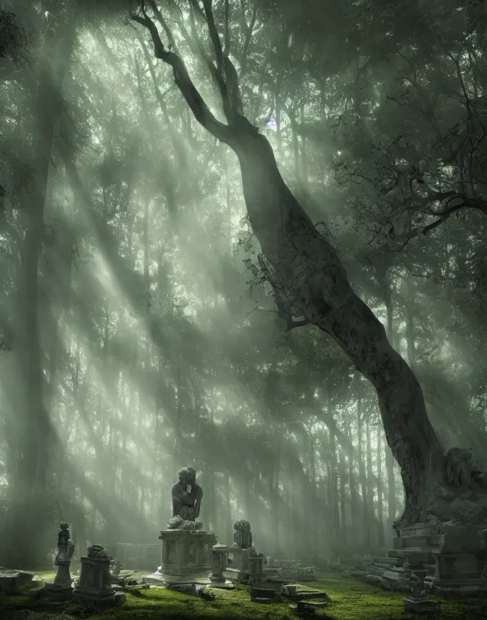 Prompt: an ancient temple with statues lost in a gigantic forest by maena paillet, painting, cinematography, epic lighting, volumetric, fog, god rays