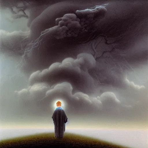 Image similar to killua zoldyck made by zdzisław beksinski, thunderstorm, 8 k, detailed, cinematic, rain, crying, black