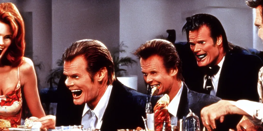 Prompt: still frame of Geena Davis, Roger Moore and Jim Carrey in Pulp Fiction laughing hysterically over a joke