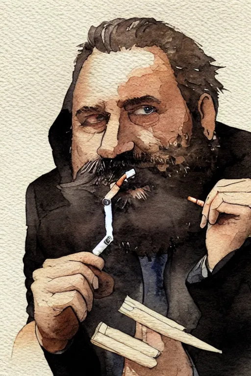 Image similar to portrait of a middle - aged writer with a beard, he is smoking a cigarette, watercolor style of greg rutkowski