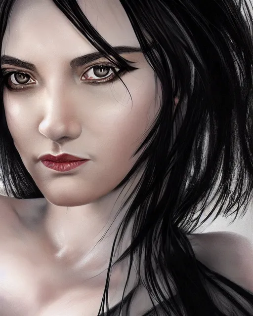 Prompt: portrait of a tall 4 0 - year - old woman with thin lips, long, voluminous black hair, and thick eyebrows, wearing in black clothes, hyper realistic face, beautiful eyes, character art, art by mark brooks, hyperdetailed, cryengine, trending on artstation, digital art