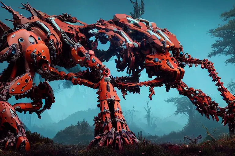 Image similar to a hyper detailed fanghorn evangelion realistic mechanical and organic creature similar look as horizon forbidden west horizon zero dawn, bioluminiscence in a dark deep forest at dawn in spring, with reflection and textures, by kilian eng, substance painter reaslitic mech surface metal painted scratches,