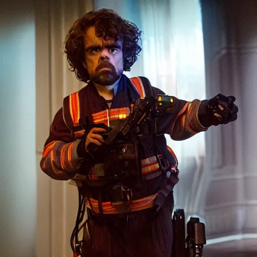 Image similar to stunning awe inspiring peter dinklage as a ghostbuster in the movie ghostbusters, movie still 8 k hdr atmospheric lighting