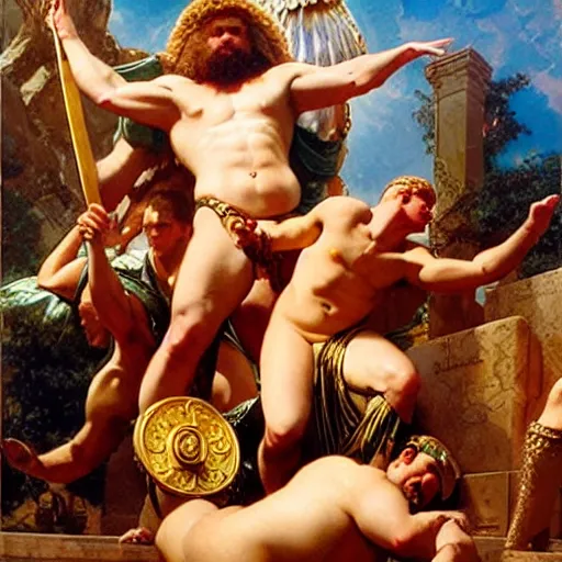 Prompt: down syndrome ares and hercules hit dabs in front of zeus the ruler of olympus, heavenly marble, ambrosia served on golden platters, painting by gaston bussiere, craig mullins, j. c. leyendecker, tom of finland
