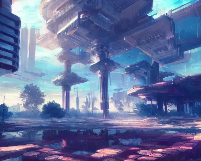 Image similar to scenery artwork, scene beautiful, light!! light essential futuristic city world and nature vegetation with daylight, surrealism oil on canvas, artstation!! pixiv!! dream scenery, quality astral projection render, nier automata concept art, vaporwave textures