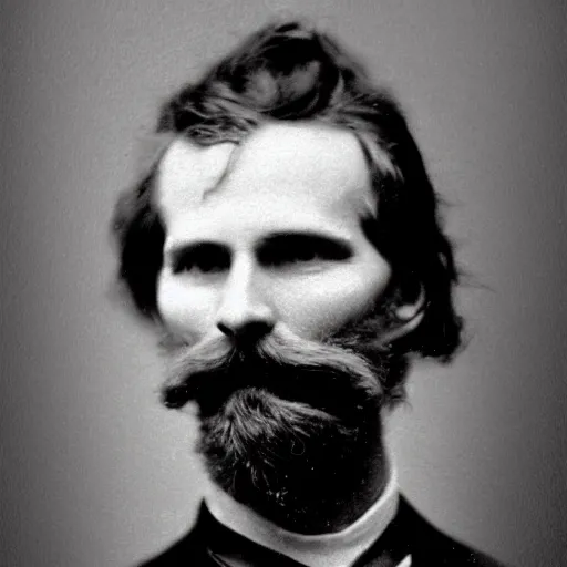 Prompt: A photograph portrait of Jerma985 with crazy wavy hair a pyramidal mustache in the late 1800s, taken in the late 1800s, 1870s, grainy, taken on a Field View Camera, realistic, hyperrealistic, very realistic, highly detailed, very detailed, extremely detailed, detailed, digital art, trending on artstation