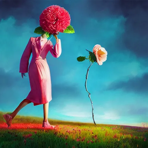 Image similar to portrait, giant rose flower head, girl dancing in a suit, surreal photography, sunrise, blue sky, dramatic light, impressionist painting, digital painting, artstation, simon stalenhag