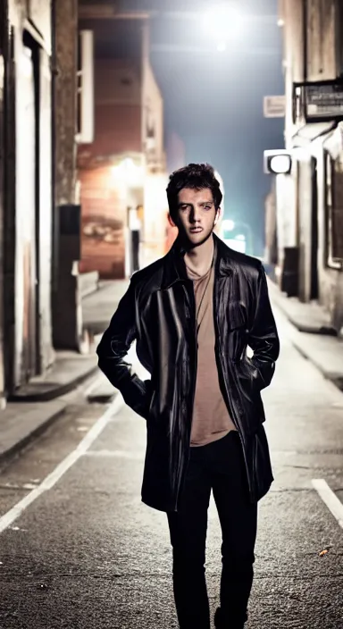 Prompt: Professional full body portrait of a dishevelled young man in a street at night. He is wearing a leather coat and he looks very tired and nervous. 4K, dramatic lighting