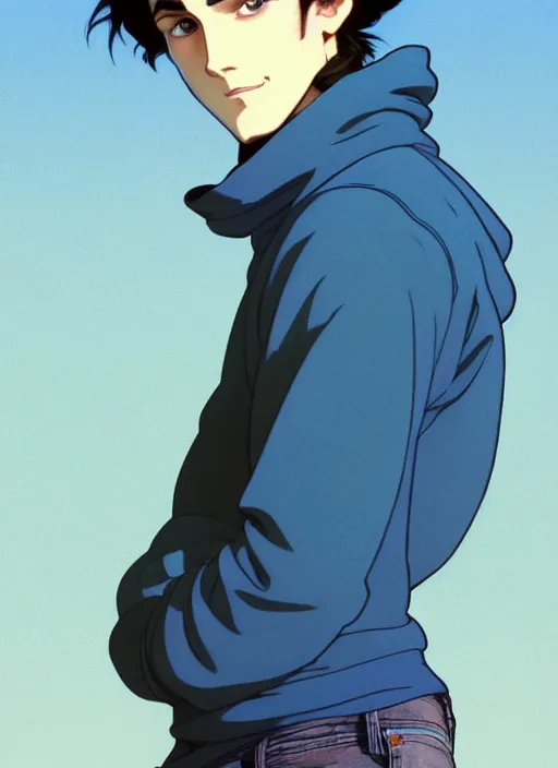 Image similar to well - lit art nouveau portrait of a young man with short black hair, light blue eyes, pale skin, serious expression, jeans and a black hoodie, natural lighting, path traced, highly detailed, high quality, cartoon, digital painting, by don bluth and ross tran and studio ghibli and alphonse mucha