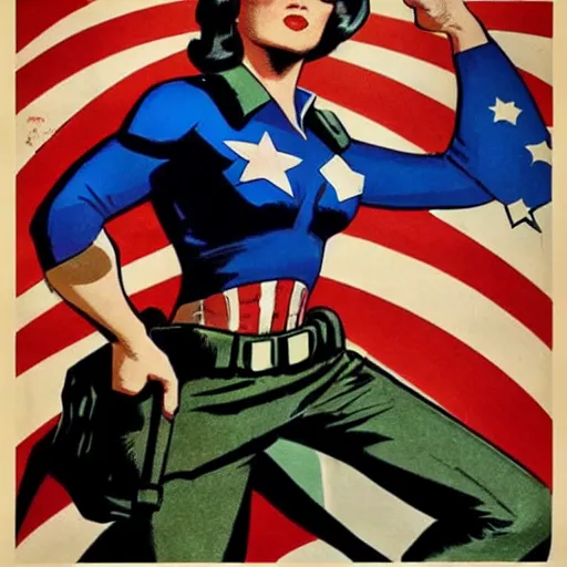 Prompt: female captain america. wwii american propaganda poster by james gurney. d - day