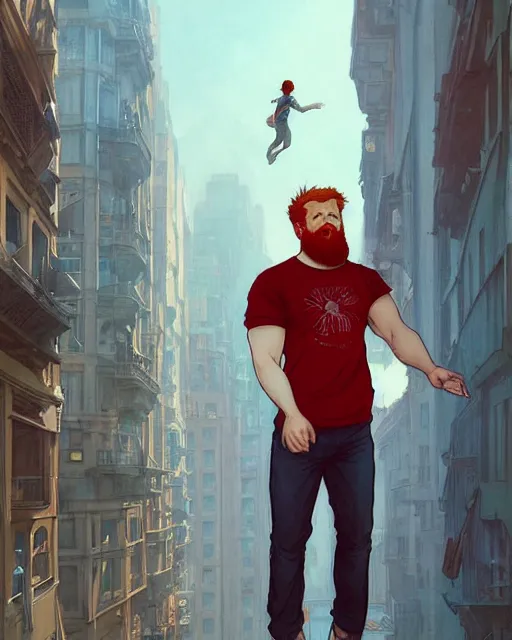 Image similar to wide angle of attractive red - headed bearded man wearing a white t - shirt levitating over the street below, arms spread wide, highly detailed, digital painting, artstation, concept art, smooth, sharp focus, illustration, art by artgerm, greg rutkowski, alphonse mucha, j. c. leyendecker