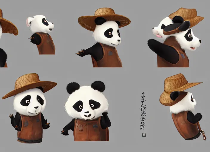 Prompt: award - winning detailed concept art of a cute iconic anthropomorphic panda character wearing a straw hat. art by wlop on bcy. net, realistic. detailed feathers, art by cheng yi. artstationhd, artgerm, 3 dcg, pixar zootopia. 3 d rendering, high quality model sheet, disney. model sheet detailed