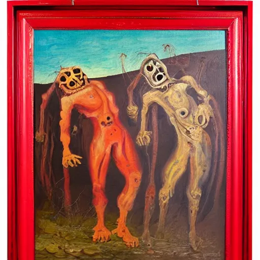 Prompt: a horrific painting in a bright red frame