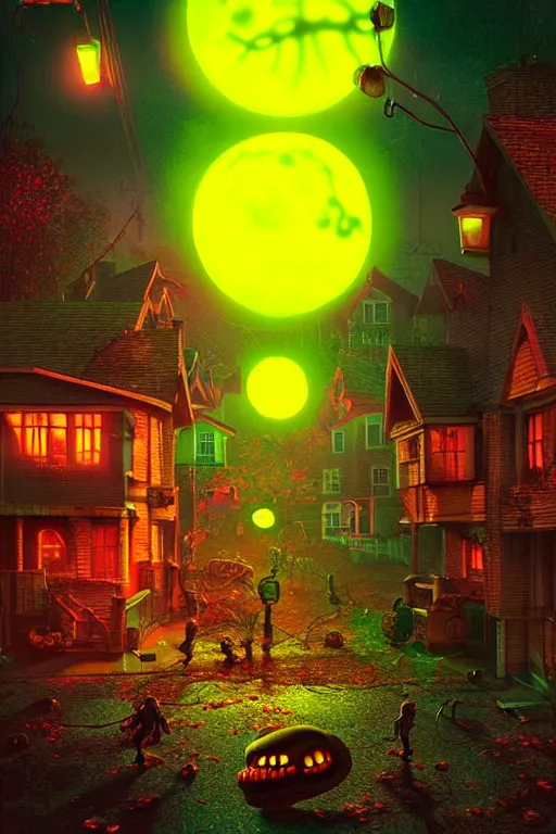 Prompt: a hyperrealistic vray rendering of a quiet autumn town being invaded by glowing ugly toxic dangerous monsters in the night, cinematic horror by chris cunningham, lisa frank, richard corben, highly detailed, vivid color,