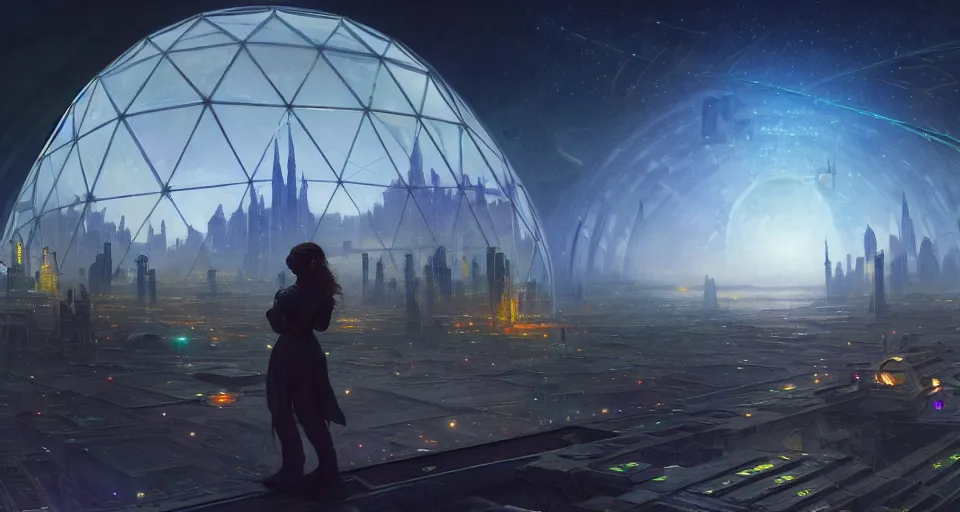 Image similar to cinematic shot, futuristic city on the moon inside a giant geodesic dome, utopian, night, stars, digital painting, artstation, concept art, smooth, sharp focus, illustration, intricate, elegant, highly detailed, in the style of greg rutkowski and alphonse mucha and artemisia, 8 k, highly detailed, jurgens, rutkowski