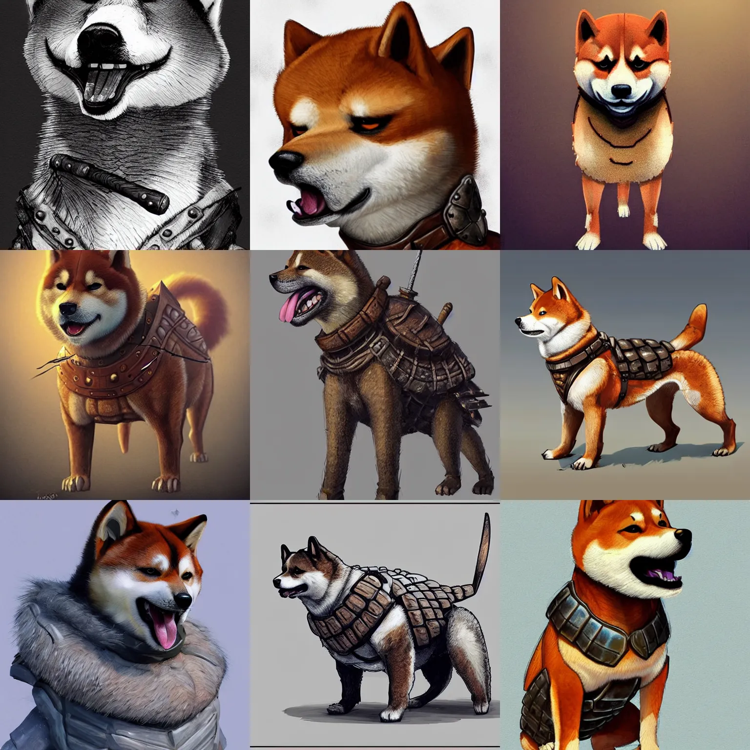 Prompt: anthropomorphic rugged shiba inu!!! oversized barbarian furry muscular armored upper body ,turtle shell collar!!l,small head, 👅 👅 , D&D, fantasy, intricate, elegant, highly detailed, digital painting, artstation, concept art, smooth, sharp focus, illustration, art by artgerm and beeple and greg rutkowski and alphonse mucha