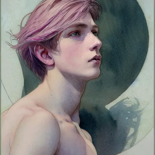 Prompt: young boy, pink hair, light eyes, gorgeous, amazing, delicate, elegant, intricate, highly detailed, watercolor, portrait, artstation, concept art, sharp focus, illustration, art by artherm and greg rutkowski and alphonse mucha