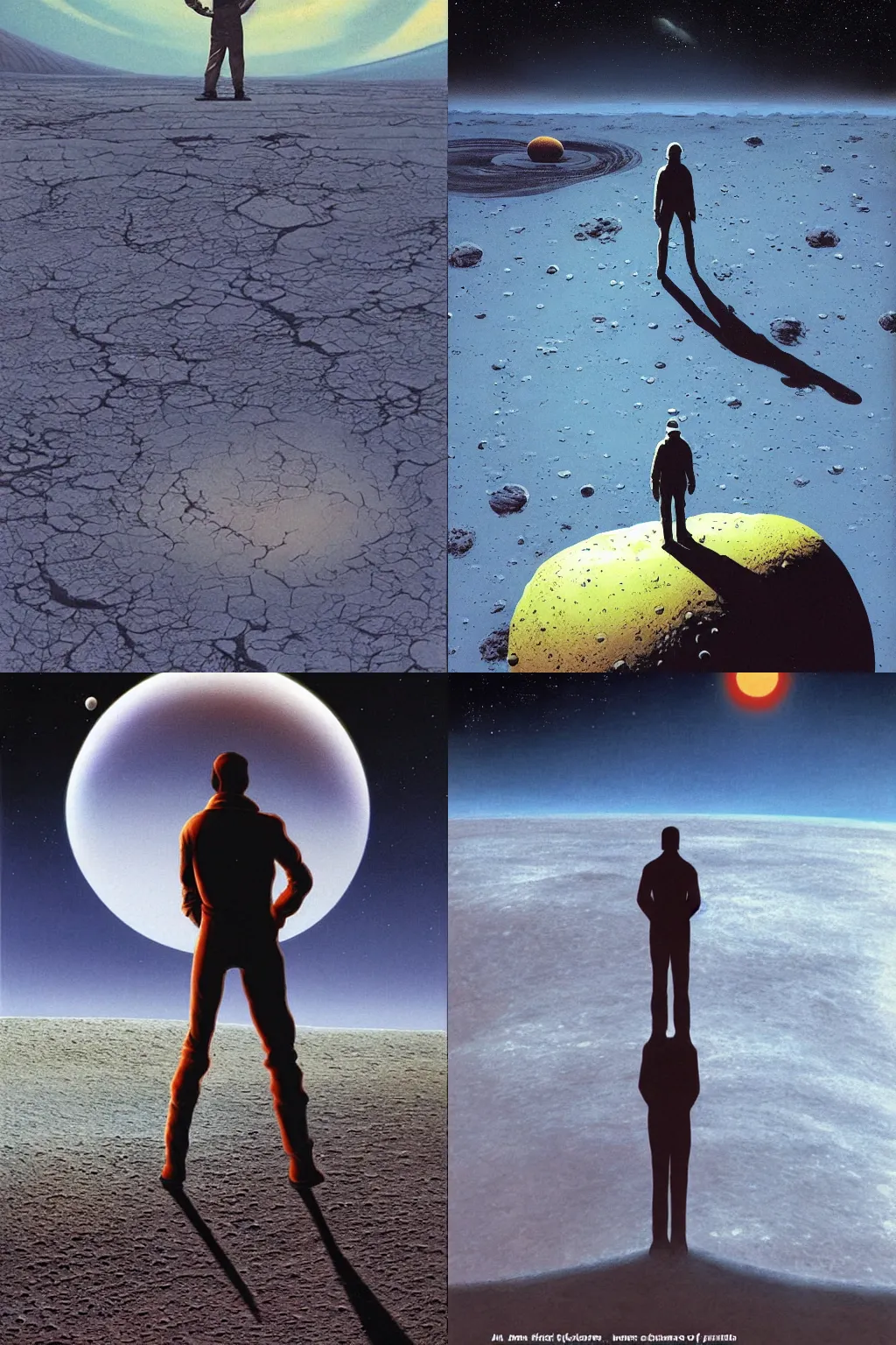 Prompt: A man standing on the surface of a barren moon in front of a ringed planet. Science fiction. High quality. Michael Whelan, Dean Ellis, Michael Herring.