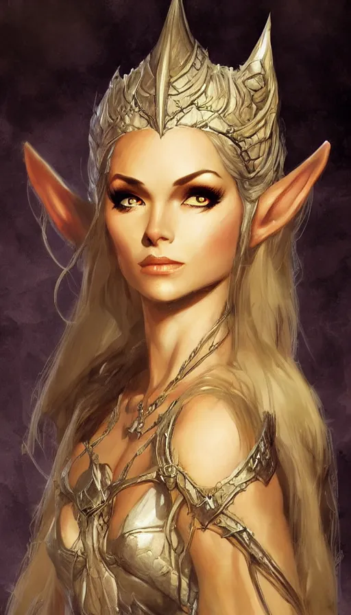 Prompt: elven queen character portrait by frank frazetta, fantasy, dungeons & dragons, sharp focus, beautiful, artstation contest winner, detailed