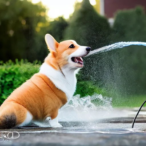 Image similar to Corgi playing with water from a hose, outdoor photo, promo shoot, studio lighting