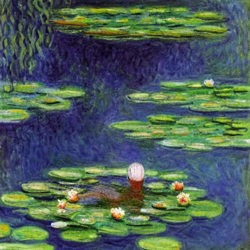 Image similar to a diver diving into a lake with lilypads by claude monet