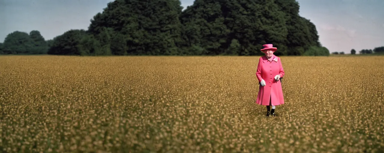 Image similar to queen elizabeth walking through a field of spaghetti in the english countryside, canon 2 0 mm, shallow depth of field, wes anderson, kodachrome