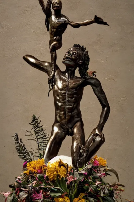 Image similar to Jean-Michel Basquiat as a bronze full-body statue of Icarus spreading his arms and arching his back for flight, glowing quartz crystal skull, wreath of ferns, flowing sakura-colored silk, fabric, flowers. baroque elements, human skull. full-length view. baroque element. intricate artwork by caravaggio. many many birds birds on background. Trending on artstation. halo. octane render, cinematic, hyper realism, octane render, 8k, depth of field, 3D