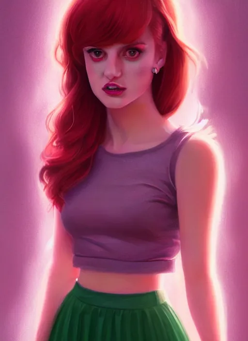 Image similar to full body portrait of teenage cheryl blossom, bangs, green eyes, sultry expression, red hair, sultry smirk, bangs and wavy hair, pink skirt, bangs, intricate, elegant, glowing lights, highly detailed, digital painting, artstation, concept art, smooth, sharp focus, illustration, art by wlop, mars ravelo and greg rutkowski