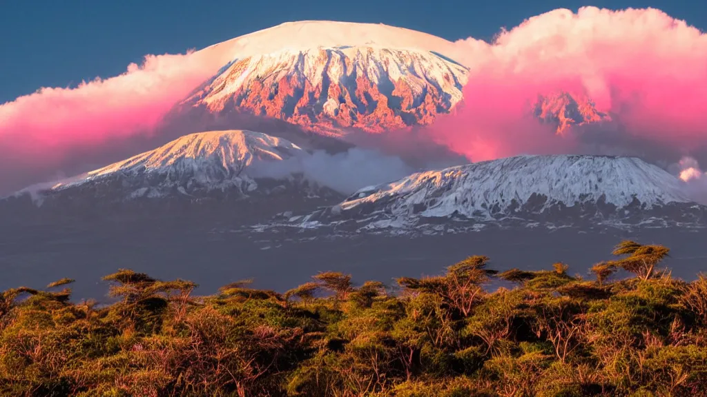 Image similar to Mount Kilimanjaro under the pink clouds backlit by the sun