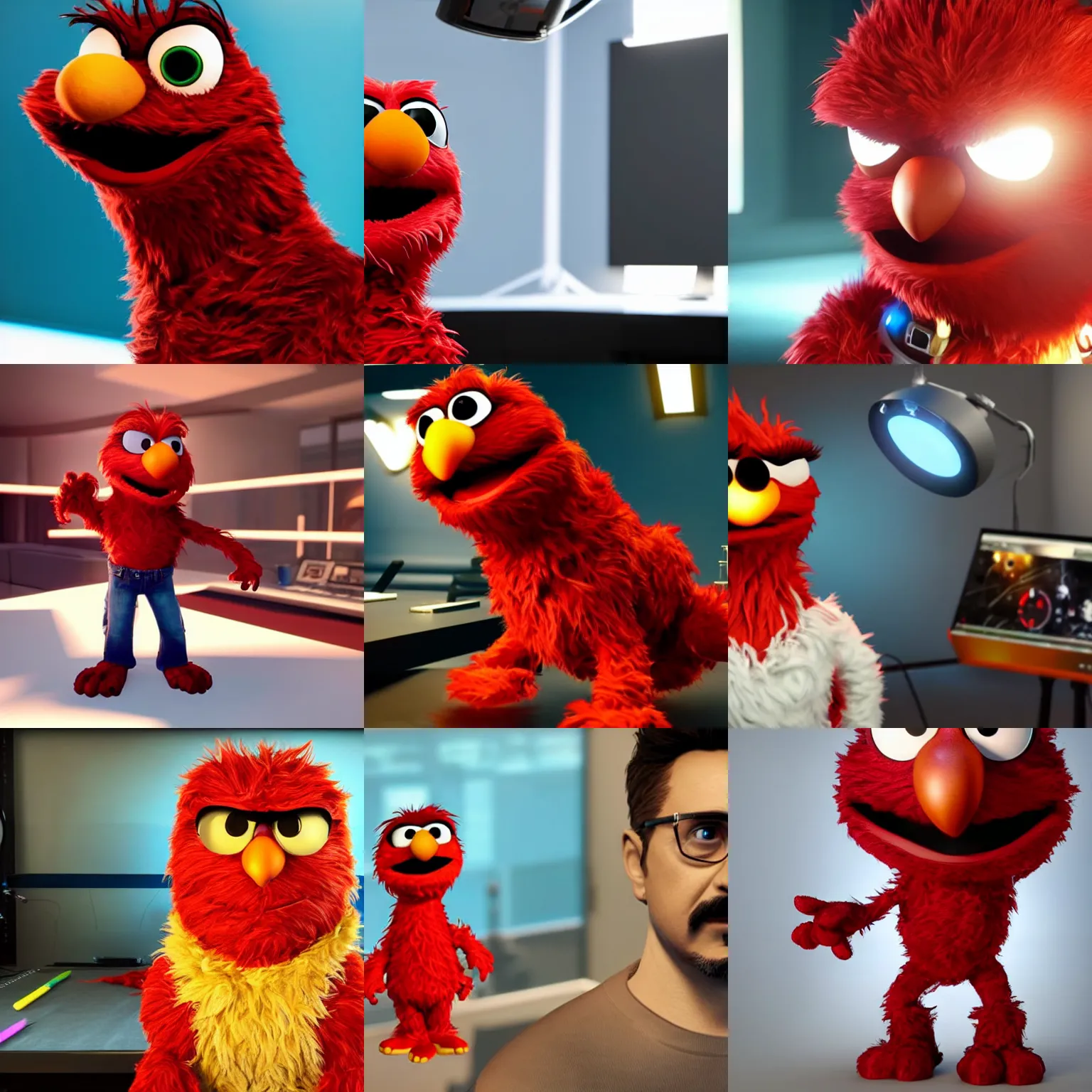 Prompt: bright studio setting, studio lighting, crisp quality and light reflections, unreal engine 5 quality render, still photo of elmo as tony stark, highly detailed, photorealistic portrait