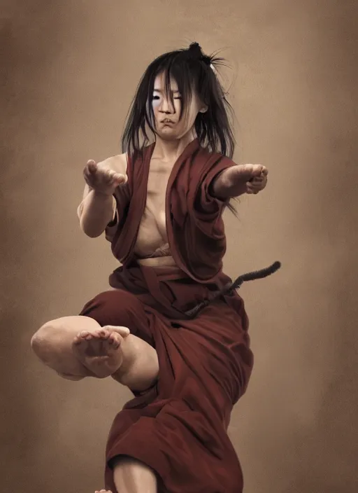 Prompt: portrait of a female drunken master monk exercising by wlop, wuxia, xianxia, drunken boxing, drunken fist, drunken master, dark olive skin, athletic, playful, beautiful, fully clothed, monk's robe, detailed, realistic, anatomically accurate, fantasy illustration, artstation, wlop.