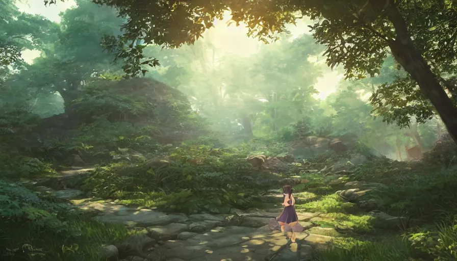 Image similar to base from the forest video game, serene evening atmosphere, soft lens, soft light, cel - shading, animation, in the style of cgsociety, deviantart, artstation, zbrush, cinema 4 d, studio ghibli, akihiko yoshida, atelier lulua, masamune shirow