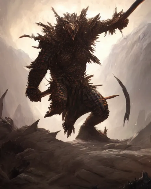 Image similar to oil painting of Angry Anthropomorphized Snake Berserker, wearing fur armor, claws, sharp focus, attack pose, fantasy style, octane render, volumetric lighting, 8k high definition, by greg rutkowski, highly detailed, trending on art Station, magic the gathering artwork, burning Battlefield background, centered