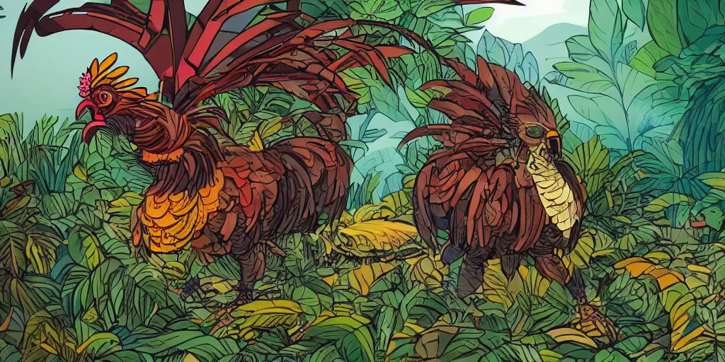 Prompt: colorful illustration of a fully armoured fighting rooster in a dense jungle, mix of styles, dieselpunk, ghost in the shell color scheme