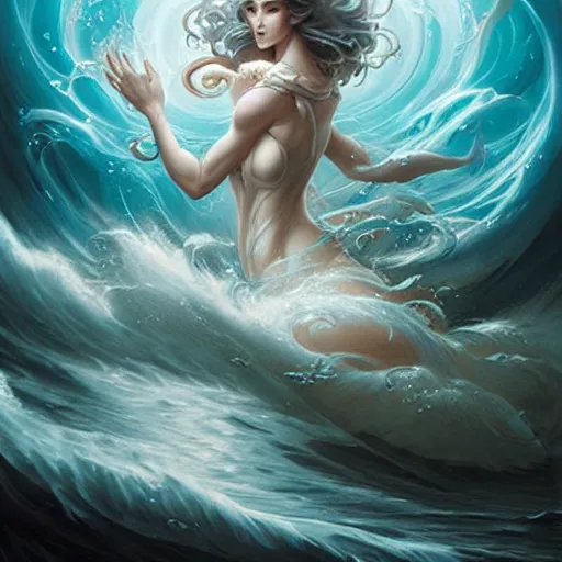 Image similar to portrait of a powerful goddess of water clothed in swirling water striding through a stormy sea, highly detailed matte fantasy painting, stormy lighting, by ross tran and artgerm and peter mohrbacher