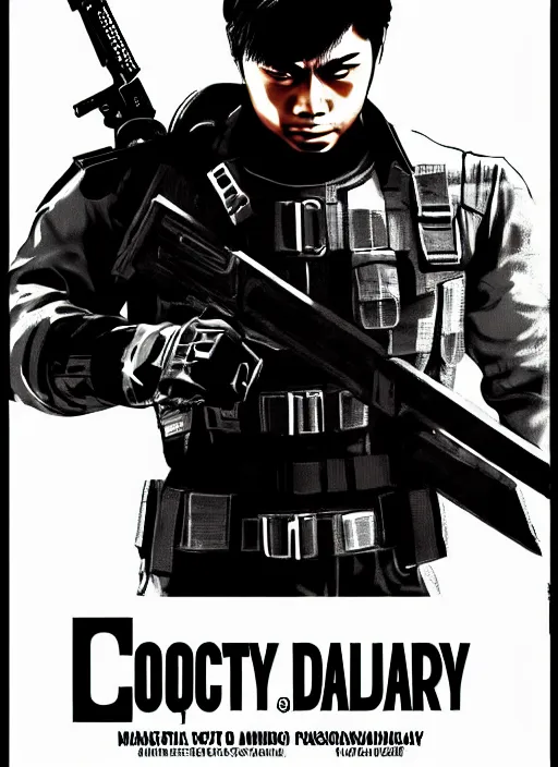 Image similar to coco martin as cardo dalisay from ang probinsyano in a poster shot, in the style of yoji shinkawa, in the style of metal gear solid cover art, gritty, dark hues