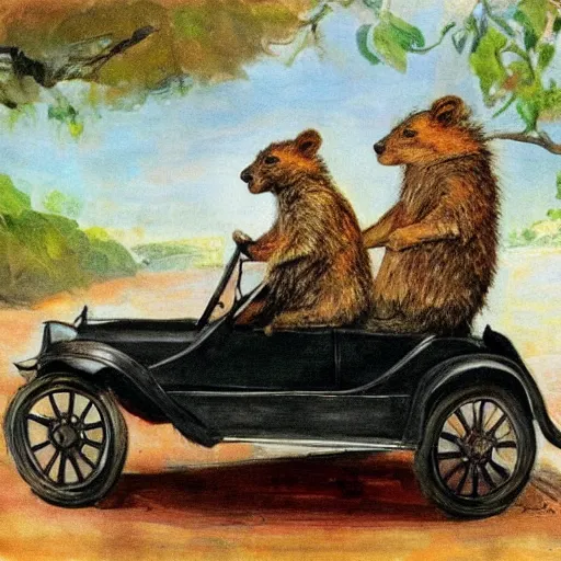 Image similar to a quokka driving a model t ford, in the style of anders zorn