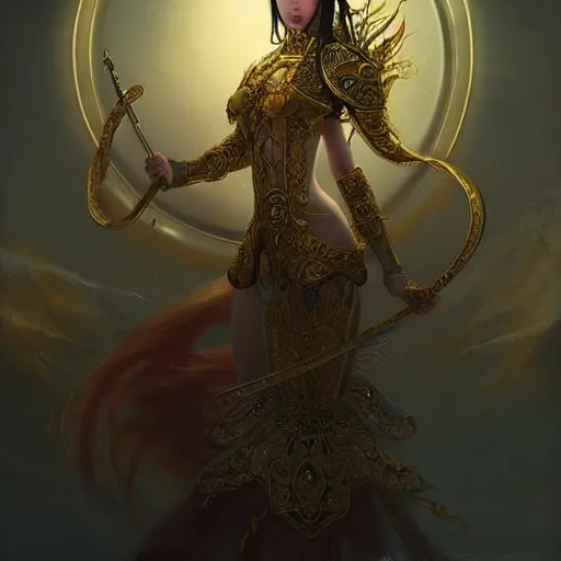 Prompt: beautiful portrait of a sexy mongolian princess in a sensual pose covered with golden ornate armor, centered sexy face with full makeup, atmospheric lighting, intricate, volumetric lighting, beautiful, sharp focus, ultra detailed, in the art style of bowater, charlie, brom, gerald, lake baikal in the background, astrophotography
