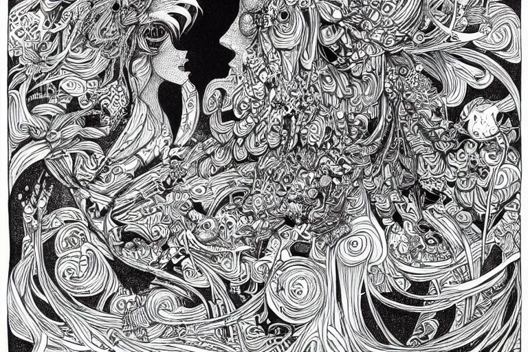 Prompt: a dream within a dream, black linework on beige paper, illustration, intricate, highly detailed, art by Joe Fenton