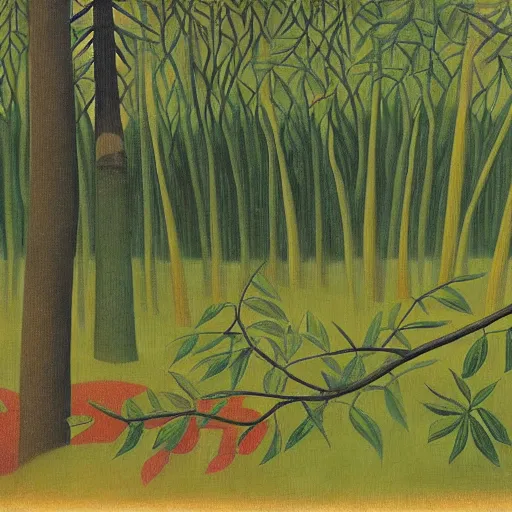 Prompt: deforestation by henri rousseau, post-impressionist painting