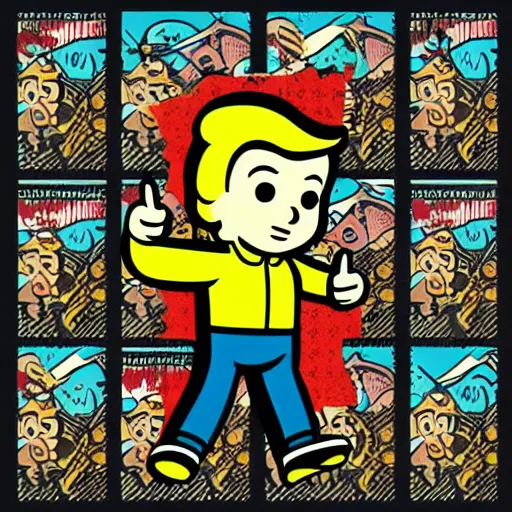 Image similar to vault boy from fallout showing thumb up, futurist illustration art by butcher billy, sticker, colorful, illustration, highly detailed, simple, smooth and clean vector curves, no jagged lines, vector art, smooth andy warhol style