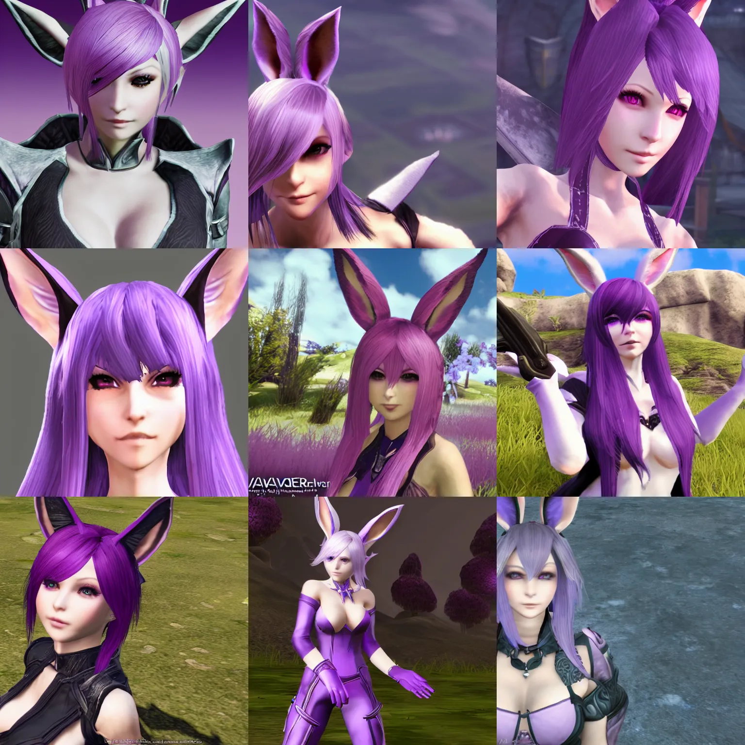 Prompt: A woman with bunny ears and purple hair, Viera, FFXIV, FF14, Final Fantasy XIV, Final Fantasy 14, ingame screenshot, closeup