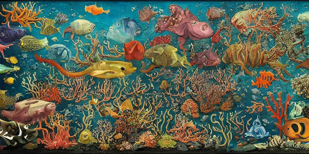 Prompt: exotic deep sea animal aquarium in the style of heironymus bosch, colorful intricate masterpiece, hyper detailed, hd