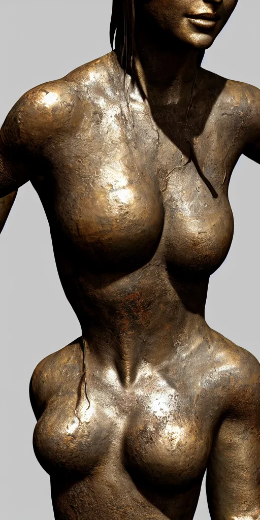 Image similar to detailed photo of an old bronze patina statue of beautiful lara croft, full body portrait, photorealism, intricate detail, museum diffuse lighting