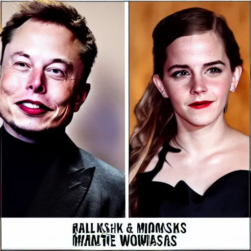 Image similar to elon musk and emma watson on a metal album cover