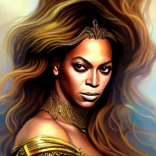 Prompt: Beyonce as a fantasy magic woman portrait, sci-fi, amber eyes, face, long hair, fantasy, intricate, elegant, highly detailed, digital painting, artstation, concept art, smooth, sharp focus, illustration, art by artgerm and greg rutkowski and alphonse mucha