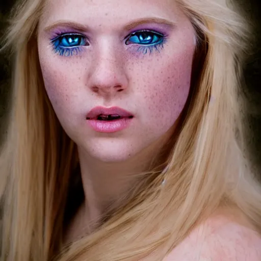 Prompt: close up headshot of a princess with long blonde hair and light blue eyes wearing a strapless elaborately beaded pink dress, high resolution film still, 8k, HDR color, film by Simon Langton and David Frankel, triangular face, slight freckles, round narrow chin, straight jawline, natural pink lips, cheekbones