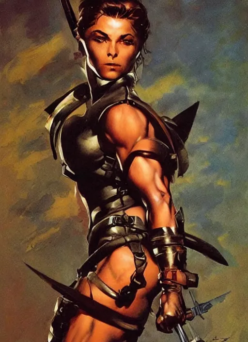 Prompt: portrait of strong female ranger, beautiful! coherent! by frank frazetta, by brom, strong line, deep color, leather armor, short buzzed hair, high contrast